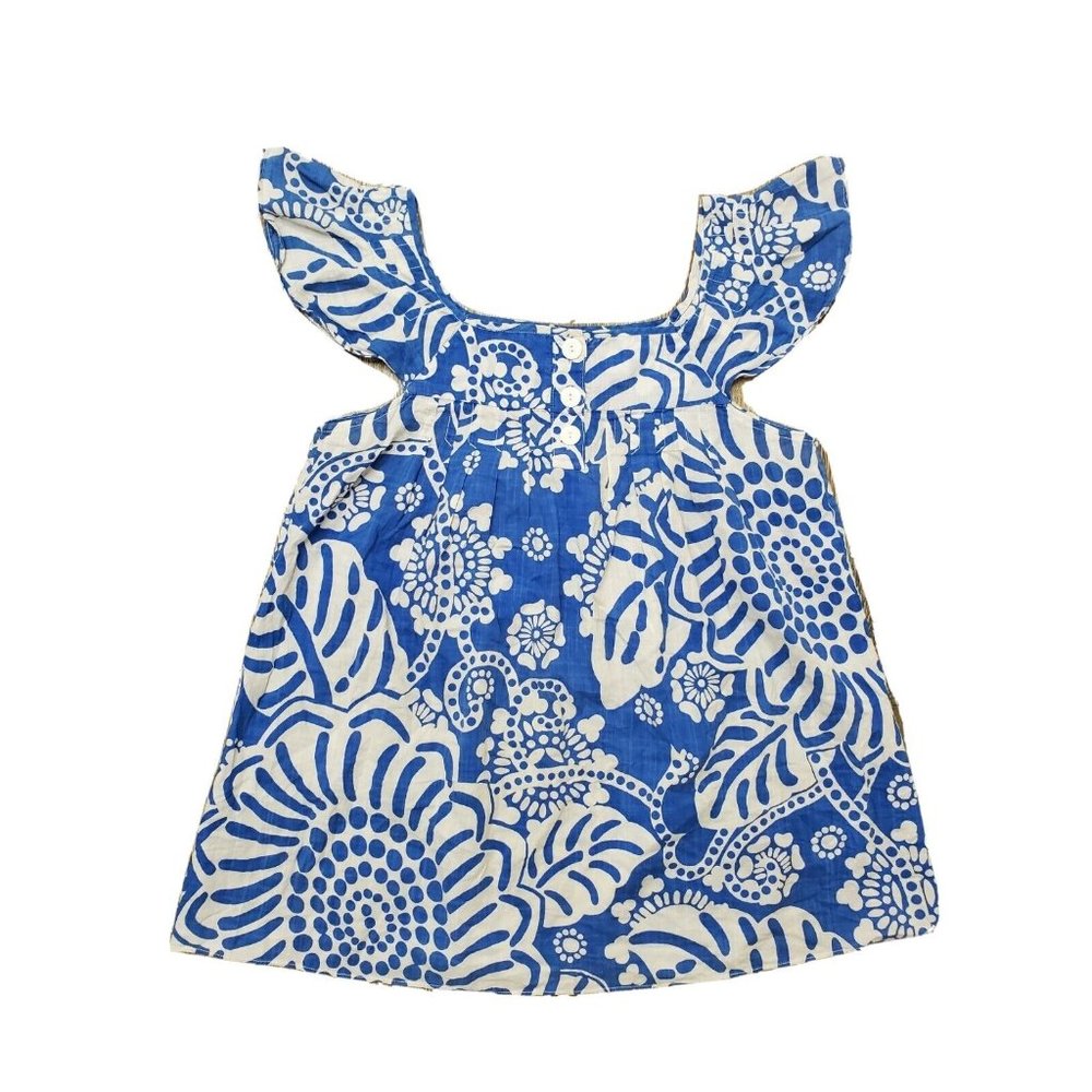 Tibi Women's SZ 2 Blue White Floral Lightweight Cap Sleeve Flowy Breathable